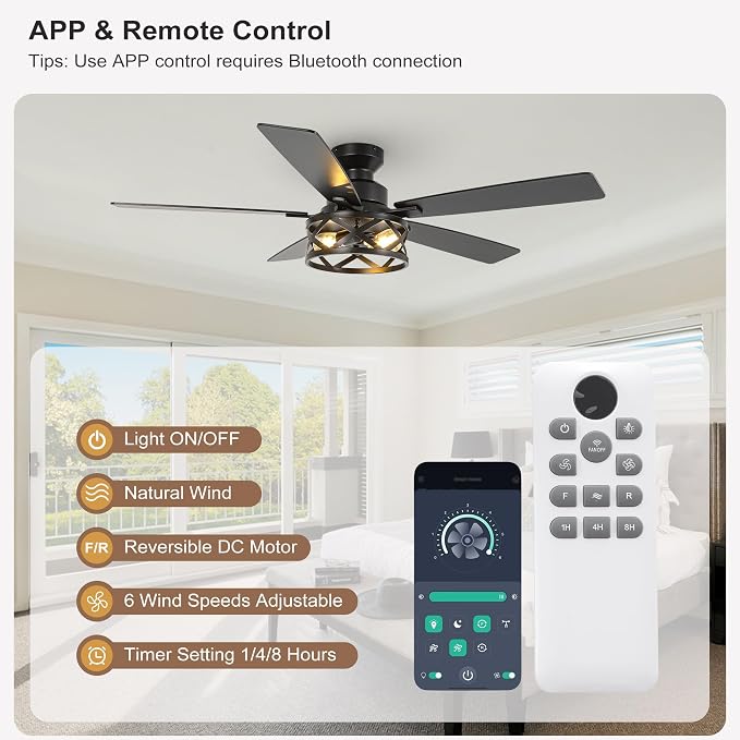 Qcyuui 52 Inch Farmhouse Ceiling Fan with Light and Remote Black Industrial Caged Flush Mount Ceiling Fan with Dual Finish 5 Blades 6 Speed Reversible Motor Rustic Ceiling Fan for Living room