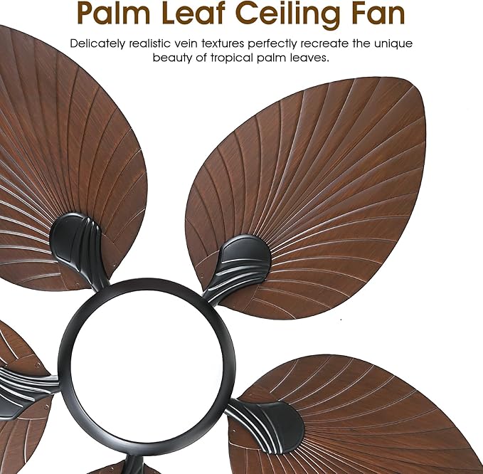 Wiviniya Tropical Ceiling Fans with Lights, 44 Inch Palm Leaf Outdoor Ceiling Fan with Light for Patios Porch Bedroom, Remote/APP Control, Reversible Quiet DC Motor, Dimmable LED, Brown
