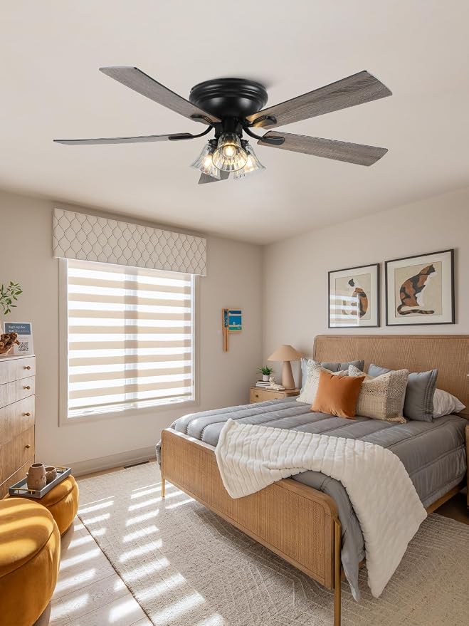 52 Inch Flush Mount Farmhouse Ceiling Fan with Light and Remote Classic Low Profile Ceiling Fan for Living Room Bedroom Patio