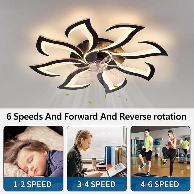 Black Flower Modern Ceiling Fans with Lights, Low Profile Ceiling Fan with Remote for Bedroom, 32inch Flush Mount Ceiling Fan with LED Dimmable Light,6-Speeds, Timing CeilingFan Light-8L