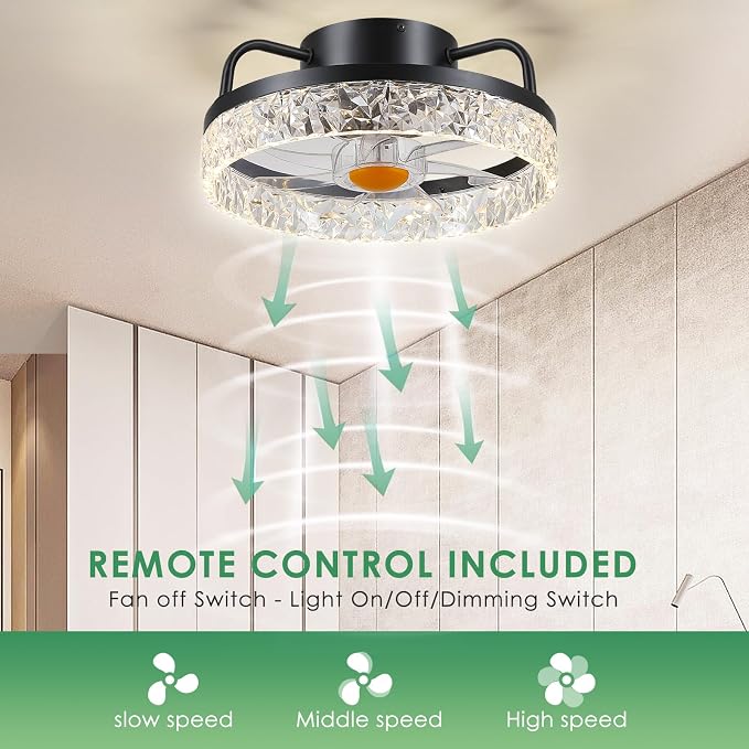Mpayel 13" Ceiling Fans with Lights and Remote - Flush Mount Low Profile Ceiling Fans - Bladeless Enclosed Fans with Led Light and Stepless Dimming, Small Modern Fan for Bedroom