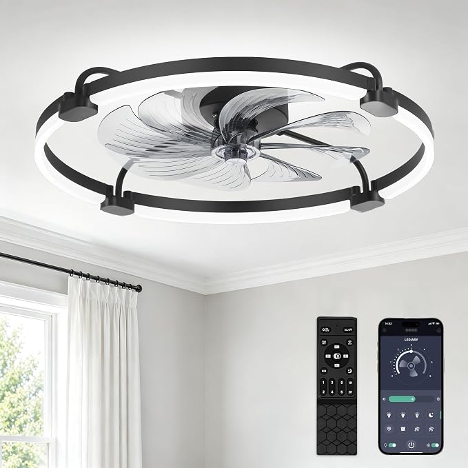 LEDIARY Ceiling Fans with Lights and Remote, Low Profile fan Light, Black | 24 Inch 3000K-6000K Stepless Dimmable Fandelier, Reversible DC Motor, Remote and APP Control, Bedroom Kitchen Living Room