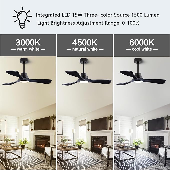 52-inch Silent Ceiling Fan Light with Remote Control, Black Wood Finish. | 3CCT, mobile app, full memory function, for use in living rooms, dining rooms, bedrooms, offices, balconies, and outdoors.