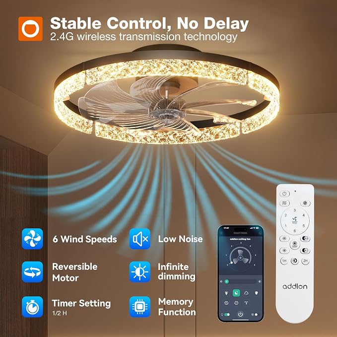 addlon Ceiling Fans with Lights and Remote, 20'' Low Profile Flush Mount Ceiling Fan, 3000–6000K Dimmable LED Fandelier, Bladeless Crystal Fan Light for Bedroom, Kitchen, Living Room, Black