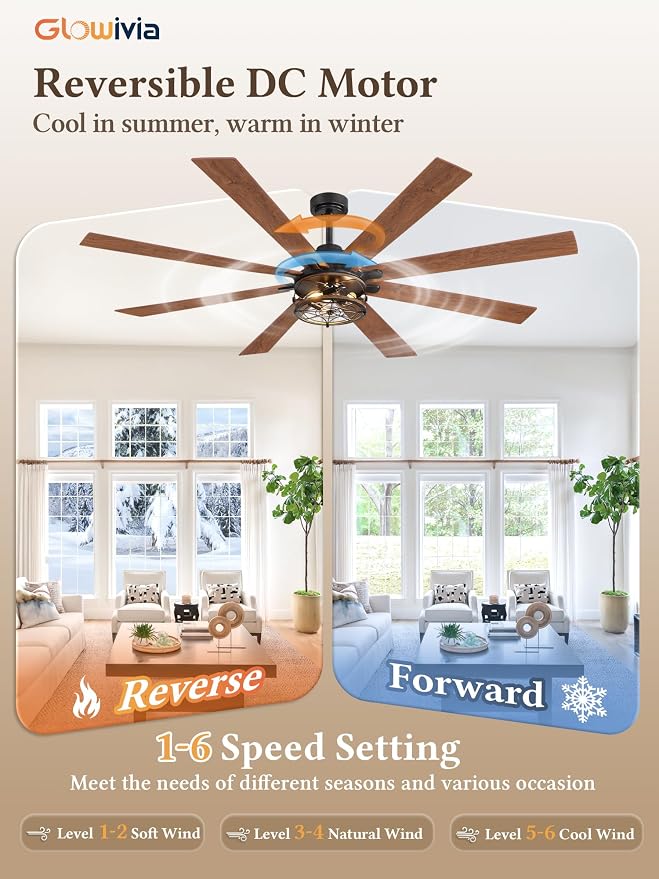 72 Inch Ceiling Fans with Lights, Farmhouse Ceiling Fan with Lights and Remote, Dual Finish 8 Blades Black Caged Rustic Ceiling Fans with 6 Speed Reversible Motor for Indoor/Covered Outdoor