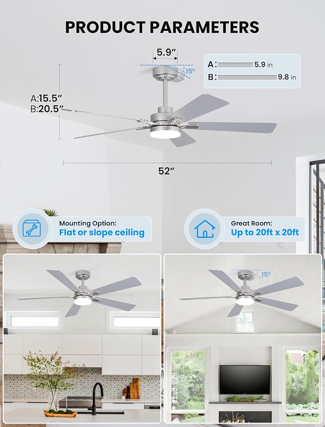 52 Inch Ceiling Fan with Lights and Remote, Downrod Mount, Sloped Ceiling Compatible up to 15°, Quiet Reversible DC Motor, 3CCT Dimmable LED, Nickel Ceiling Fan for Bedroom Living Room
