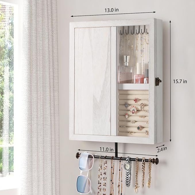 Keebofly Wall Mounted Rustic Wood Jewelry Organizer Cabinet - White | Large Hanging Holder Display for Necklaces, Earrings & Bracelets, Space Saving Ring Storage, Great Gift for Women