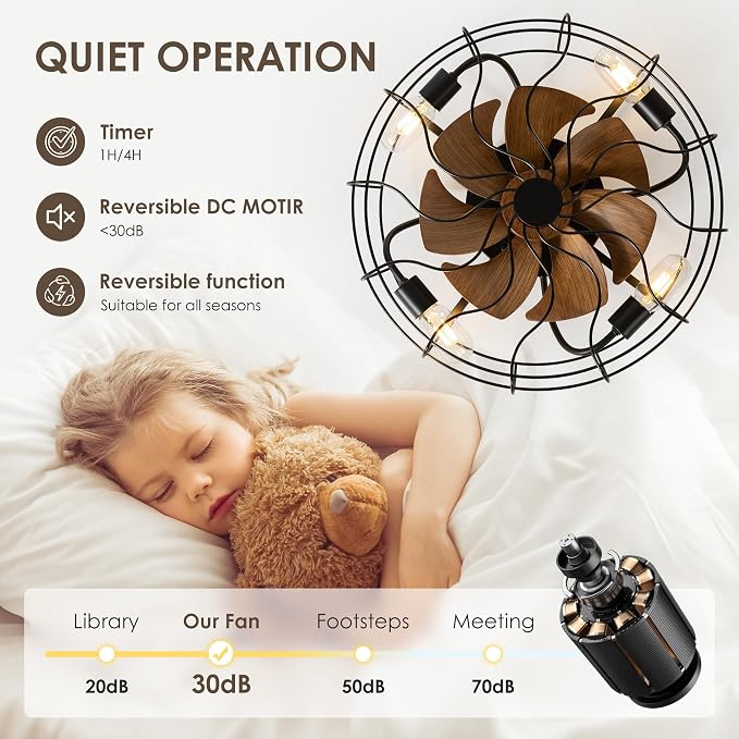 ZYD Caged Ceiling Fan with Light, 19" Caged Industrial Ceiling Fans with Lights and Remote Flush Mount, Small Farmhouse Ceiling Fan with Light Low Profile 6 Speed Reversible with Timing - Black