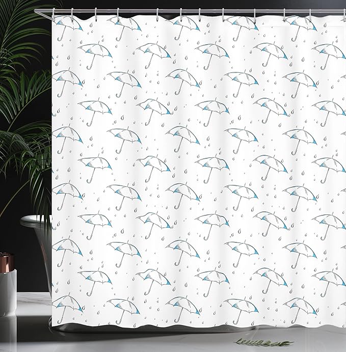 Ambesonne Umbrella Shower Curtain, Sketchy Striped Umbrella Parasol Motif with Rain Drops Fall Autumn Themed Artwork, Cloth Fabric Bathroom Decor Set with Hooks, 69" W x 84" L, White Blue