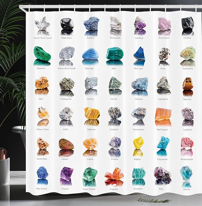 Ambesonne Gemstone Shower Curtain, Composition of Gemstones with Names Tiger Eye Sulphur and Ruby Mineral Geology, Cloth Fabric Bathroom Decor Set with Hooks, 69" W x 70" L, White