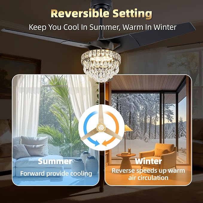 Chandelier Ceiling Fans With Lights And Remote, Chandelier Fan Ceiling,Crystal Ceiling Fan Fandelier With Lights,6 Speed 3 Timer Quiet Ceiling With Fans For Living Room Bedroom (Black, 60 In'ch)