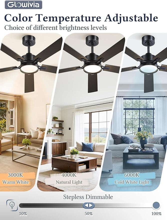 52 Inch Ceiling Fan with Lights and Remote, Smart APP Control, Dimmable with All-Setting Memory, Quiet DC Motor Reversible Blades, Damp Rated Modern Ceiling Fan for Bedroom Patio Living Room
