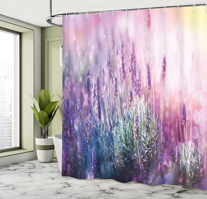 Ambesonne Lavender Shower Curtain, Fantasy Dreamlike Herbal Meadow Close Up View Nature Theme, Cloth Fabric Bathroom Decor Set with Hooks, 69" W x 84" L, Teal Pale Pink Lilac