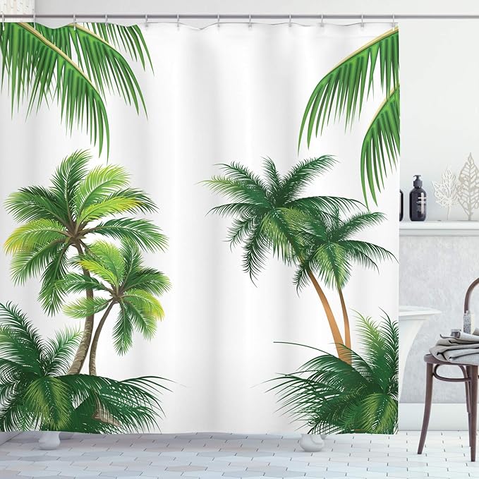 Ambesonne Tropical Shower Curtain, Coconut Palm Tree Nature Paradise Plants Foliage Leaves Digital Illustration, Cloth Fabric Bathroom Decor Set with Hooks, 69" W x 70" L, Hunter Green