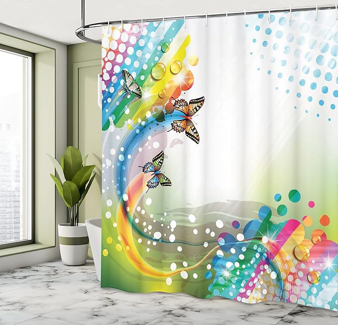 Ambesonne Colorful Shower Curtain, Trippy Flying Butterflies with Colored Comet Bubbles Creative Design, Cloth Fabric Bathroom Decor Set with Hooks, 69" W x 70" L, Multicolor Off White