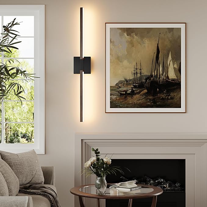 Rayogale Black Walnut Rechargeable Wall Sconce with Remote Control, 24 Inch | 3000/4500/6000K Dimmable 8000mAh Wireless Battery Operated Wall Sconces Set of Two with Timer for Living Room, Bedroom