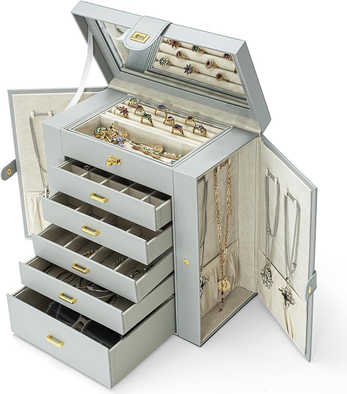 AKOZLIN 6-Tier Jewelry Box Organizer Functional 5 Drawers Leather Jewelry Storage Case for Women Girls Ring Necklace Earring Bracelet Holder Organizer with Mirror Extra Large Grey