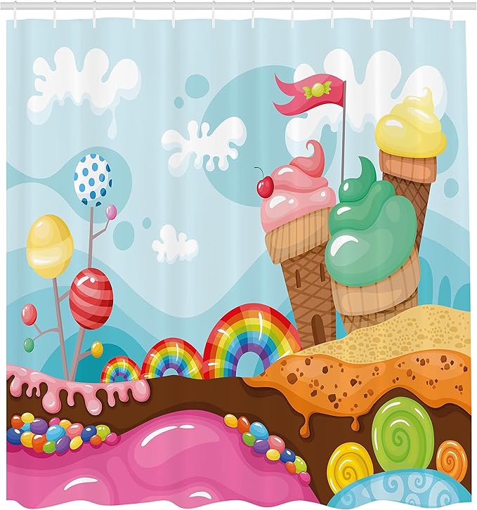 Ambesonne Ice Cream Shower Curtain, Dessert Land Rainbow Candies Lollipop Trees and Cupcake Mountains Cartoon, Cloth Fabric Bathroom Decor Set with Hooks, 69" W x 70" L, Multicolor