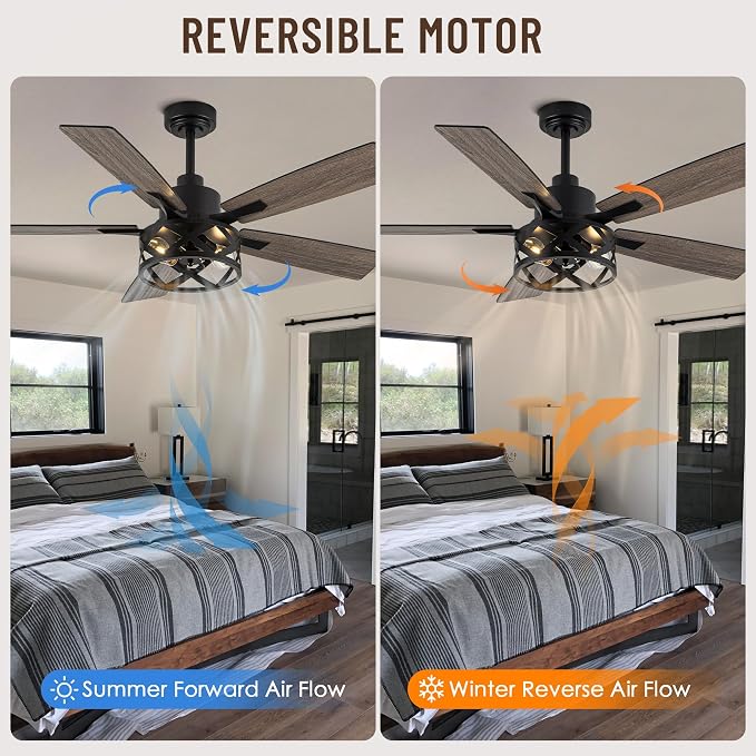 52" Farmhouse Ceiling Fan with Lights and Remote Control | Reversible DC Motor,5 Double Finish Wood Blades,Caged Rustic Ceiling Fan with Light for Bedroom,Living Room,Dining Room