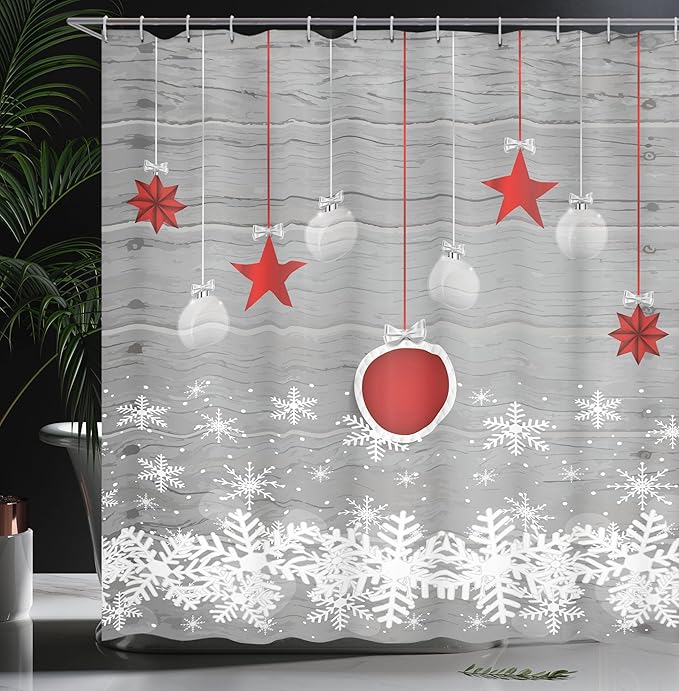 Ambesonne Christmas Shower Curtain, Traditional Celebration Theme Pendant Stars Baubles Ornate Snowflakes, Cloth Fabric Bathroom Decor Set with Hooks, 69" W x 70" L, Grey Red White
