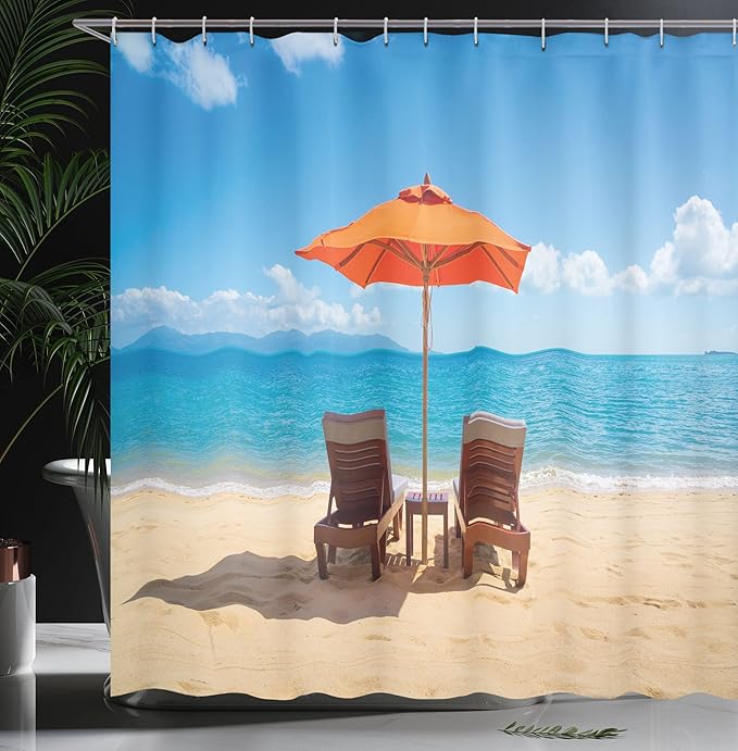 Ambesonne Coastal Shower Curtain, 2 Chairs and Caribbean Sea Under Umbrella Wedding Celebrations, Cloth Fabric Bathroom Decor Set with Hooks, 69" W x 75" L, Sand Brown Sky Blue