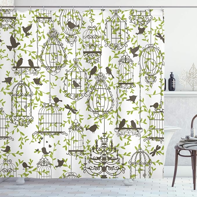 Ambesonne Vintage Shower Curtain, Antique Birdcages on Ivy Leaf Love Couple Escape Freedom Modern Illustration, Cloth Fabric Bathroom Decor Set with Hooks, 69" W x 70" L, Navy Green