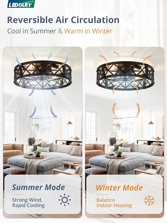 LEDIARY 20" Caged Ceiling Fan with Light, APP&Remote Control, Small Flush Mount Farmhouse Fan Lights, Low Profile Rustic Bladeless Ceiling Fan Fixtures for Bedroom, Kitchen-Black Color