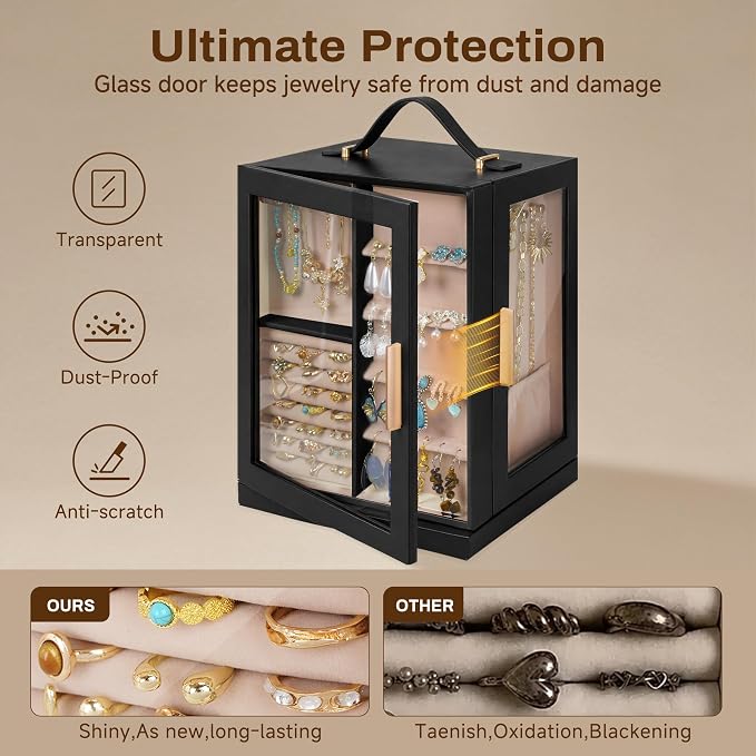 360° Rotating 5‑Drawers Jewelry Box with Top Handle & Glass Window, Spacious Vertical Jewelry Organizer, Jewelry Storage Case, Dustproof & Moisture‑resistant Design, Black