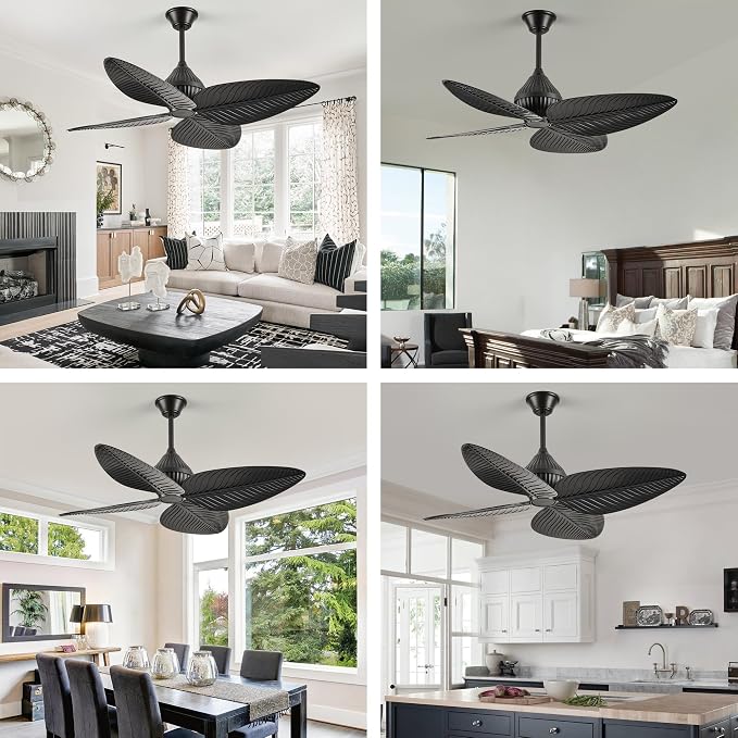 52" Black Tropical Ceiling Fans, Flush Mount Palm Leaf Ceiling Fan no Light, Indoor Ceiling Fans Without Light for Living Room Bedroom Kitchen Covered Gazebo, APP and Remote Control
