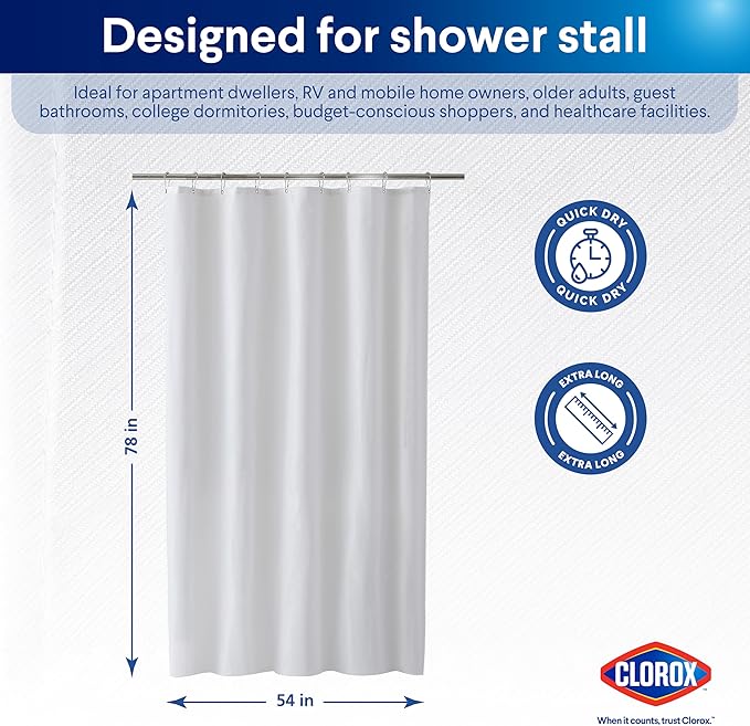 Clorox 2-in-1 Bathroom Shower Curtain Liner, Durable Fabric, Weighted Magnets for Bath Water Control, Washable Premium Quality, Extra Long Stall 78" x 54" White