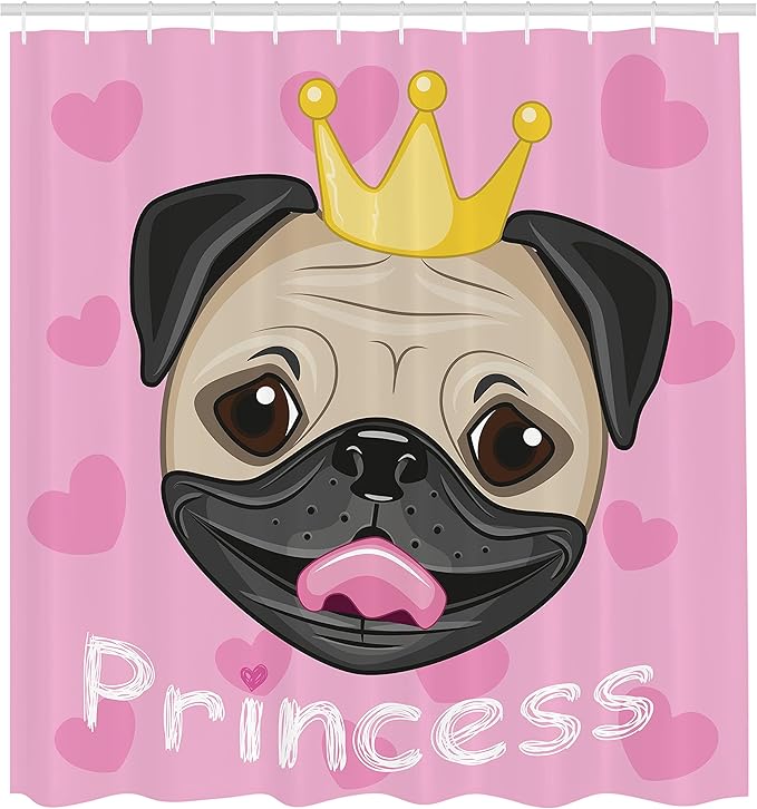 Ambesonne Feminine Shower Curtain, Happy Smiling Cartoon and Pug Dog with Tiara Pink Hearts on Background, Cloth Fabric Bathroom Decor Set with Hooks, 69" W x 75" L, Yellow Black and Pink