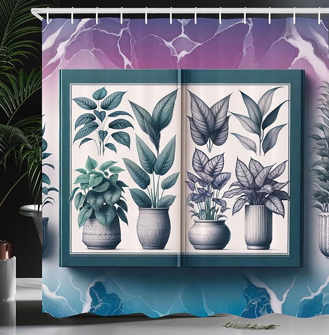 Ambesonne Botanical Shower Curtain, Nature Leaves Illustration with Marble Print Back Indigo Tone Dream, Cloth Fabric Bathroom Decor Set with Hooks, 69" W x 84" L, Violet White Petrol Blue