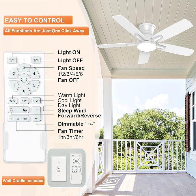 YUHAO 42 Inch Flush Mount White Ceiling Fan with Light and Remote Control.Noiseless,Dimmable,3CCT,6 Speeds Reversible, Low Profile DC Ceiling Fans for Indoor or Covered Outdoor Use,ETL Listed