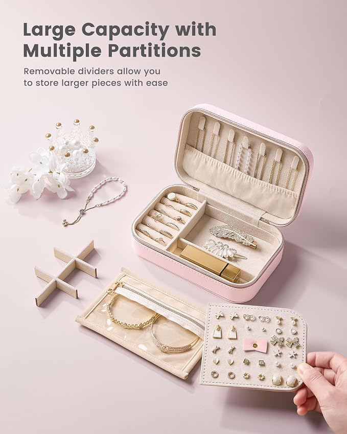 Lolalet Travel Jewelry Case for Women Girls, PU Leather Jewelry Organizer with Clear Storage Bag Small Portable Jewelry Box for Necklace Bracelet Earring Ring Birthday Bridesmaid Gifts -Medium/Pink