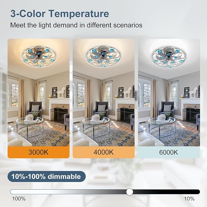 Low Profile Ceiling Fan with Lights 20" Remote Bladeless Ceiling Fan Boho Vintage Flush Mount Ceiling Fans with Light 3 Color Smart LED Dimmable,Handmade Antique Vintage Blue Crystal
