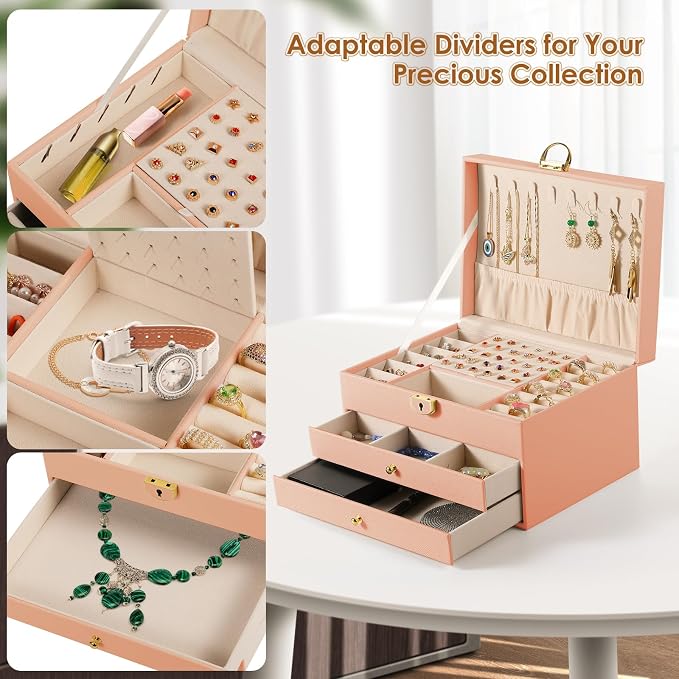 coobest 3 Layer Jewelry Box, Jewelry Holder with Lockable Drawer, Large Jewelry Boxes & Organizer with Velvet Earring Holder, Gifts for Mom Women