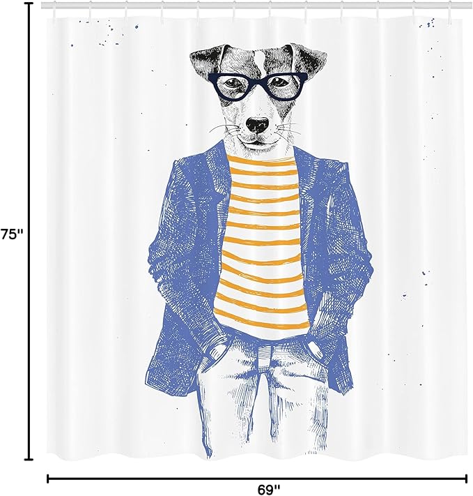 Ambesonne Quirky Shower Curtain, Hipster Jack Russell Dog Glasses Hand Drawn Sketchy Fashion Animal Fun, Cloth Fabric Bathroom Decor Set with Hooks, 69" W x 75" L, Ceil Blue