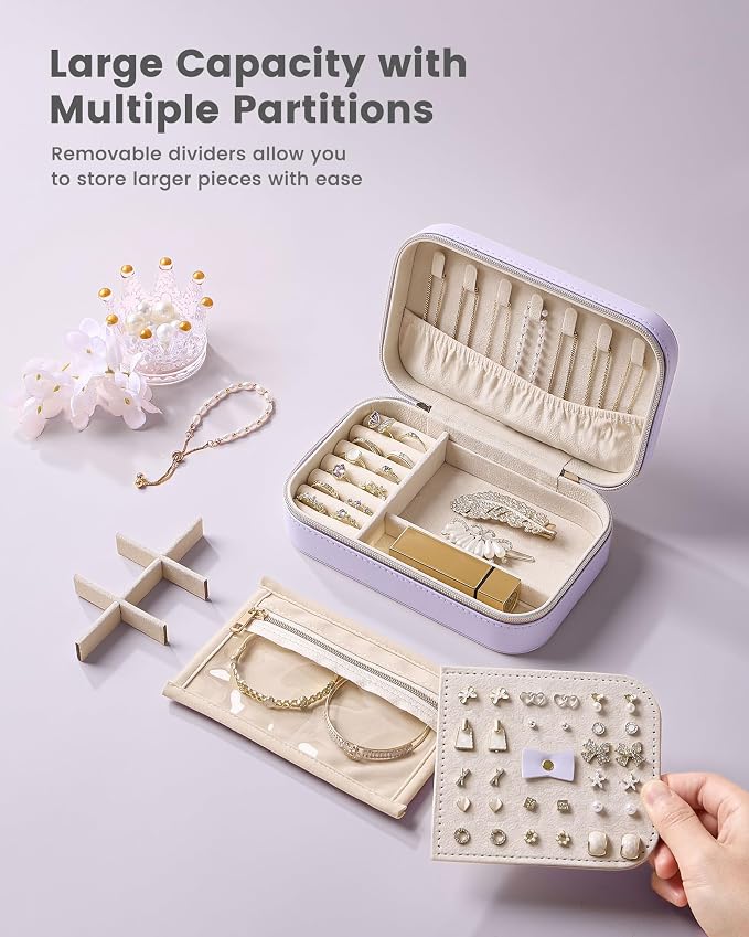Lolalet Travel Jewelry Case for Women Girls, PU Leather Jewelry Organizer with Clear Storage Bag Small Portable Jewelry Box for Necklace Bracelet Earring Ring Birthday Bridesmaid Gifts -Medium/Purple