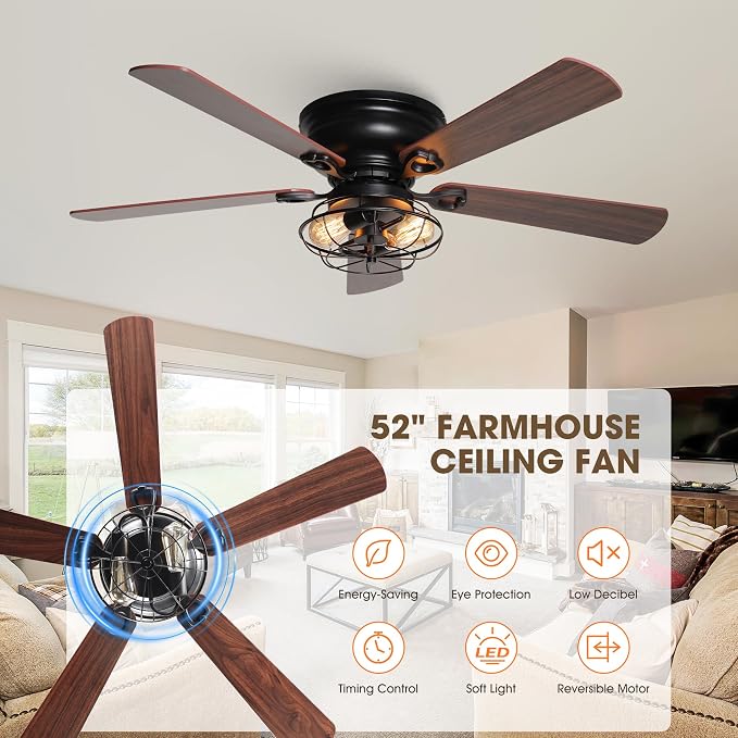48" Farmhouse Low Profile Ceiling Fan with Light & Remote, Outdoor Flush Mount Ceiling Fans for Bedroom Living Room, 5-Blades 3-Speed Quiet Reversible Motor, Timer Function