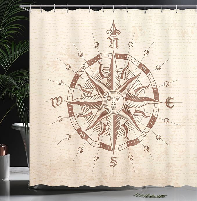 Ambesonne Compass Shower Curtain, Old Compass Rose a Sun Face Lady on It Instrument Distances Between Points Graphic, Cloth Fabric Bathroom Decor Set with Hooks, 69" W x 70" L, Tan Brown