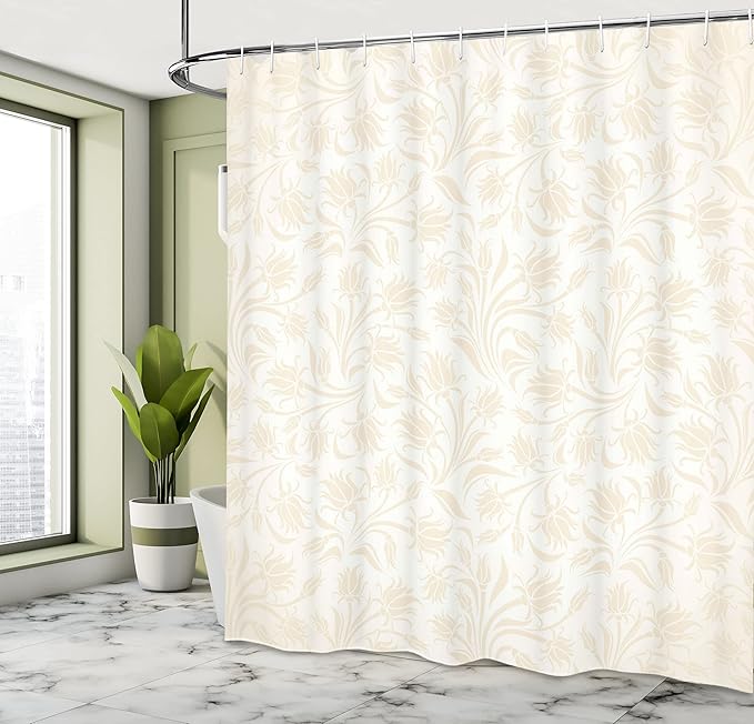 Ambesonne Ivory Shower Curtain, Baroque Style Curved Leaves and Floral Blooms Nature Beauty Continuous Design, Cloth Fabric Bathroom Decor Set with Hooks, 69" W x 70" L, Cream