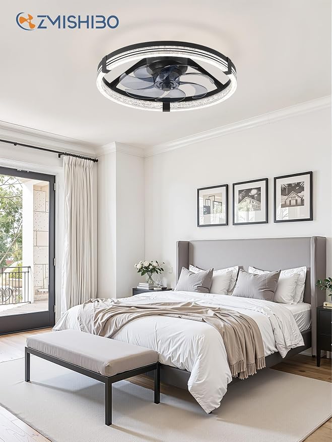 ZMISHIBO Low Profile Ceiling Fans with Lights, Flush Mount Modern Ceiling Fan and Remote Control, 20" LED Ceiling Fans, Stepless Dimmable 3 Colors and 6 Speeds (Black, 20")