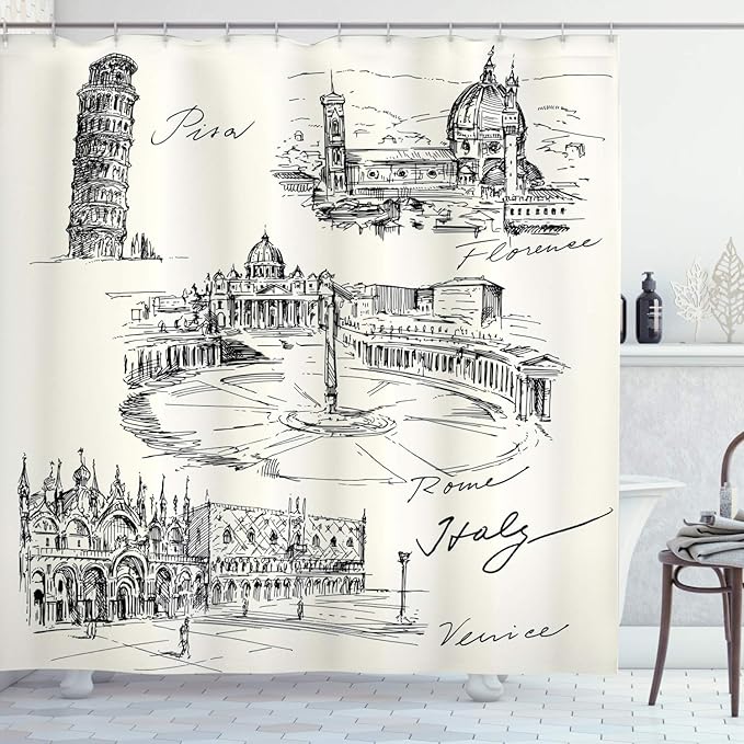 Ambesonne Sketchy Shower Curtain, Travel The World Themed Historical Italian Landmarks Venice Rome Florence Pisa, Cloth Fabric Bathroom Decor Set with Hooks, 69" W x 75" L, White Charcoal Grey