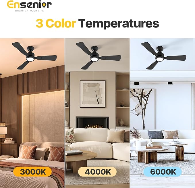 Ensenior 42 Inch Ceiling Fans with Lights and Remote, Small Bedroom Ceiling Fan with 3 Reversible Blades (Black/Wood), Quiet DC Motor, 6 Speeds, 3 Color, Memory Function, Modern Fan for Home, Black