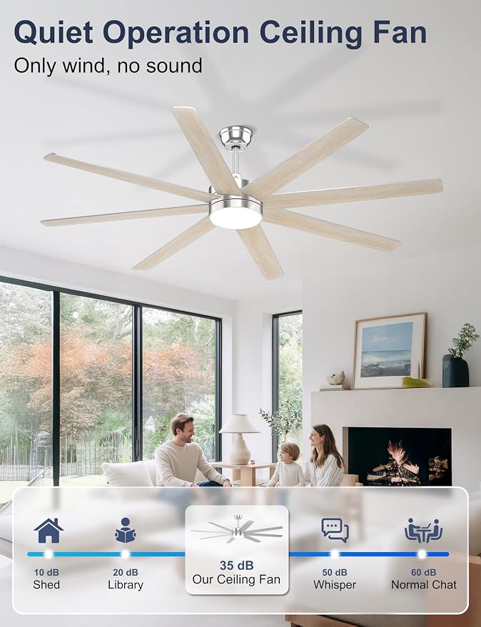 72'' Silver Large Ceiling Fan with Light for Indoor/Covered Outdoor | Remote/APP Control, 3CCT Dimmable, Quiet DC Motor, Reversible Airflow, 8 Blades Modern Big Overhead Fan for Patio Living Room