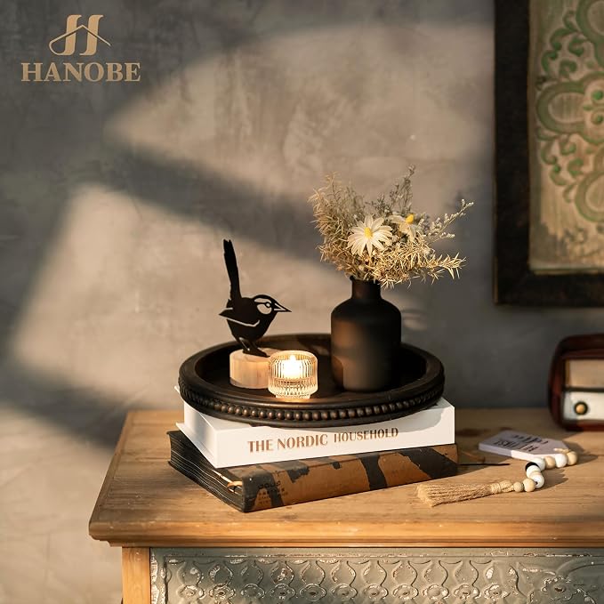 Hanobe Round Decorative Tray with Beaded Edge, Distressed Dark Brown Finish | 11.8" vintage wooden tray for coffee table, ottoman, or counter display, holds candles.