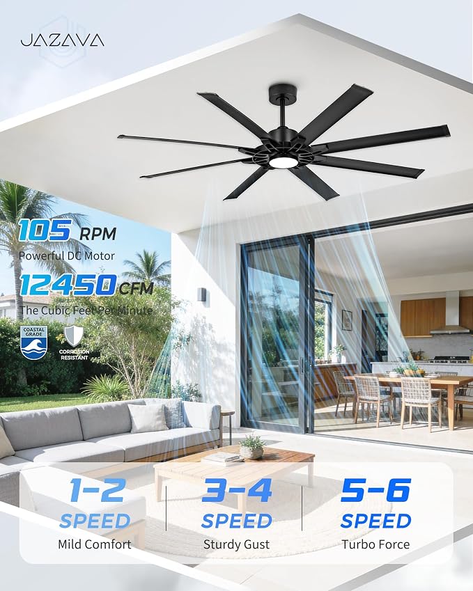 72 Inch Ceiling Fan With Light, Industrial Ceiling Fan With 8 Aluminium Metal Blades, Smart Fan Compatible with Alexa, Garage Indoor Fan For Living Room and Patio, ZCCF05ABK-72