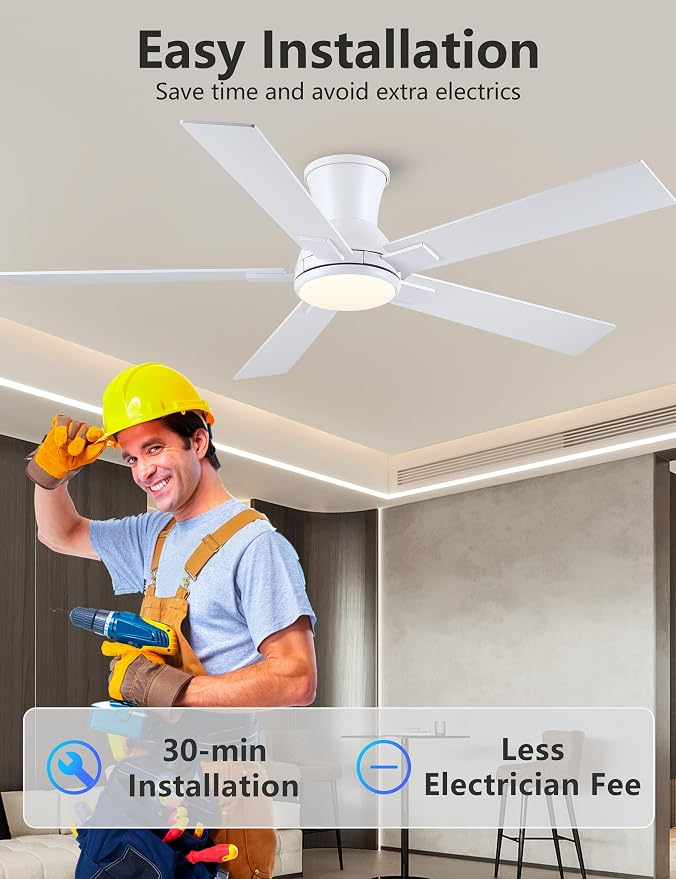 52 Inch White Flush Mount Ceiling Fan with Light, 3CCT Dimmable LED, 6-Speed Remote Control, Reversible Motor,Quiet Low Profile Energy-Efficient for Bedroom & Living Room,ETL Listed