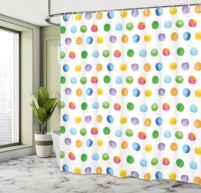 Ambesonne Abstract Shower Curtain, Big Polka Dots Colorful Circles Watercolor Paintbrush Modern Art, Cloth Fabric Bathroom Decor Set with Hooks, 69" W x 70" L, Multicolor White