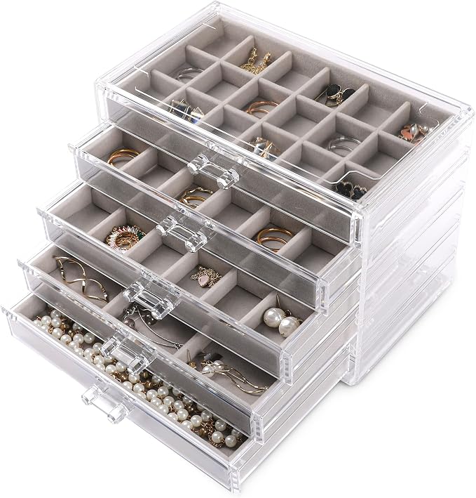 Frebeauty Acrylic Jewelry Organizer Earring Organizer Box with 5 Drawers Earring Holder Organizer with Velvet Trays Clear Jewelry Box for Women Earring Display for Rings Studs(Grey) | 61 Jewelry Storage Grid for Rings Studs Bracelet,Velvet Lining,Trans...